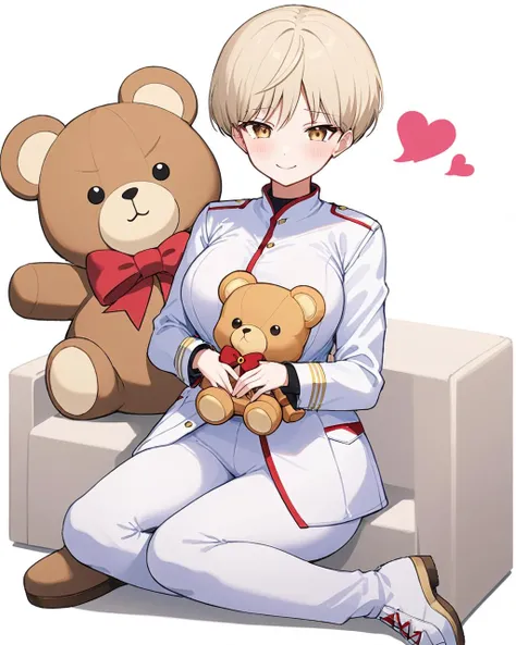 breathtaking,marina \(blue archive\),1girl, solo, breasts, blush, smile, simple background, long sleeves, white background, holding, medium breasts, sitting, closed mouth, jacket, heart, pants, speech bubble, stuffed toy, ring, white jacket, stuffed animal, smartphone, spoken heart, holding phone, teddy bear,
<lora:Marina_image94_v1:1>. . gorgeous,key visual, vibrant, studio anime,award-winning, professional, highly detailed,high budget, cinemascope