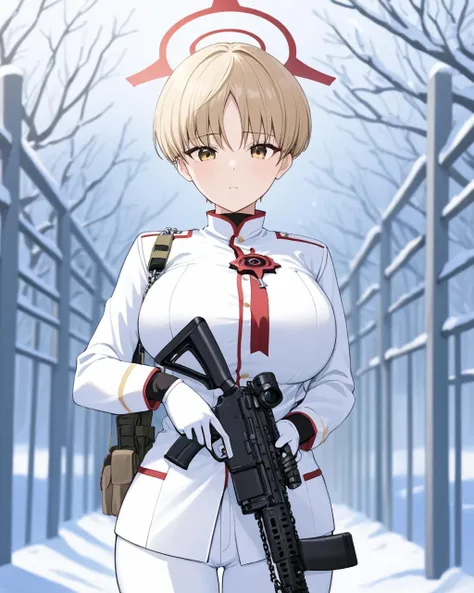 marina \(blue archive\),1girl, solo, white_gloves, parted_lips, white_jacket, long_sleeves, looking_at_viewer, white_pants, halo, large_breasts, rifle, bare_tree, chain-link_fence, outdoors, blurry_background, snow, military_uniform
<lora:marina_(blue_archive)_image369_2023-11-28-000020:1>halo. gorgeous,key visual, vibrant, studio anime,award-winning, professional, highly detailed,high budget, cinemascope