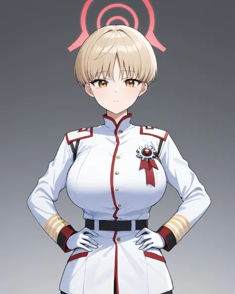 marina \(blue archive\),1girl, solo, white_background, hand_on_hip, simple_background, halo, closed_mouth, white_gloves, long_sleeves, looking_at_viewer, large_breasts, jacket, military_uniform, military, red_eyeshadow, pants
<lora:marina_(blue_archive)_image369_2023-11-28-000020:1>halo. gorgeous,key visual, vibrant, studio anime,award-winning, professional, highly detailed,high budget, cinemascope