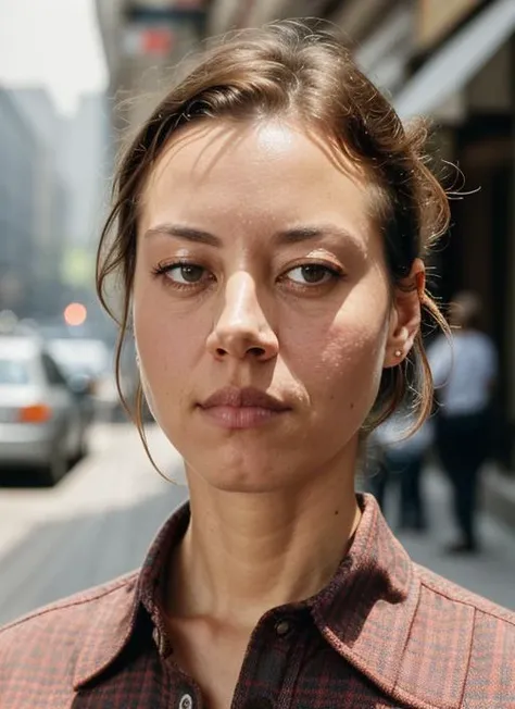 A stunning intricate color close up portrait of (sks woman:1) , wearing Button-down shirt and chinos, epic character composition, sharp focus, natural lighting, subsurface scattering, f2, 35mm, film grain, , by Henri Cartier-Bresson, <lora:lora-small-aubrey-plaza-v1:1>