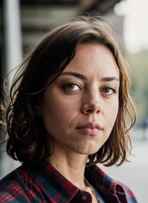 A stunning intricate color close up portrait of (sks woman:1) , wearing Flannel shirt and jeans, epic character composition, sharp focus, natural lighting, subsurface scattering, f2, 35mm, film grain, , by Andreas Gursky, <lora:lora-small-aubrey-plaza-v1:1>