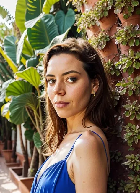 portrait of sks woman in Marrakech, at the vibrant Jardin Majorelle, by Flora Borsi, style by Flora Borsi, bold, bright colours, ((Flora Borsi)), by Imogen Cunningham, <lora:lora-small-aubrey-plaza-v1:1>