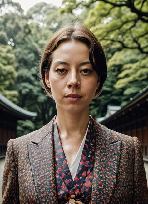 portrait of sks woman in Tokyo, at the Meiji Shrine, by Flora Borsi, style by Flora Borsi, bold, bright colours, ((Flora Borsi)), by Tim Walker, <lora:lora-small-aubrey-plaza-v1:1>