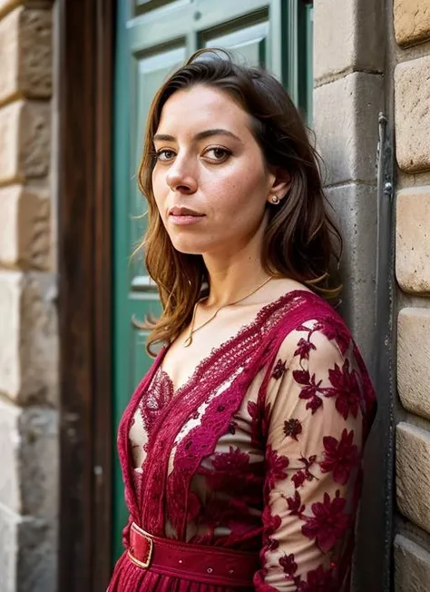 portrait of sks woman in Florence, at the Ponte Vecchio, by Flora Borsi, style by Flora Borsi, bold, bright colours, ((Flora Borsi)), by Imogen Cunningham, <lora:lora-small-aubrey-plaza-v1:1>
