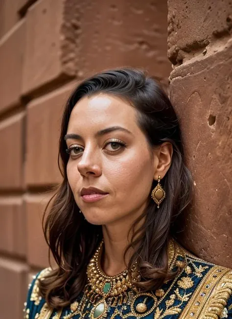 portrait of sks woman in Petra, at the Treasury Al-Khazneh, by Flora Borsi, style by Flora Borsi, bold, bright colours, ((Flora Borsi)), by Tim Walker, <lora:lora-small-aubrey-plaza-v1:1>