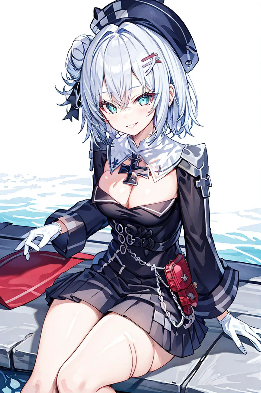 <lora:jade_v1.0:0.8>,jade\(azur lane\), hair bun,,uniform,skirt,hat,white_gloves,looking at viewer,outdoors, smile, sitting,, masterpiece, best quality, extremely detailed face, sharp details, high contrast,