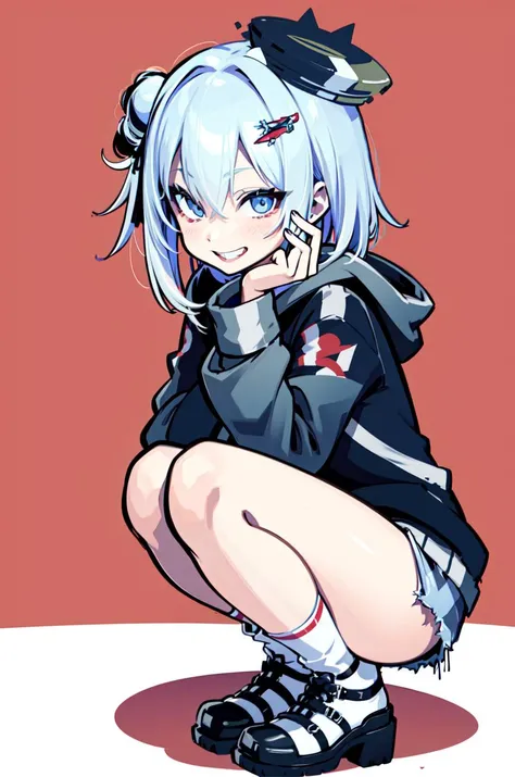 <lora:jade_v2.0:1>,  jade\(azur lane\), hair bun,silver_hair,light smile,hoodie,denim shorts,red background,squatting, masterpiece, best quality, extremely detailed face, sharp details, high contrast,