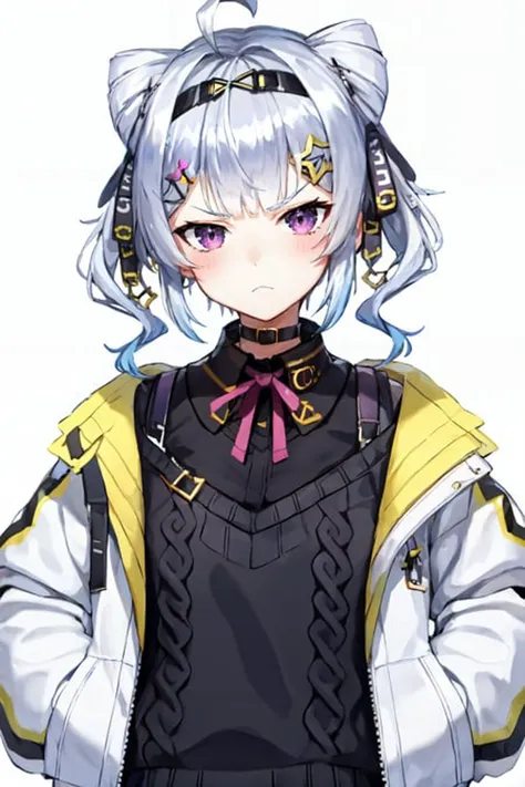 1girl, ahoge, bangs, black choker, black hairband, black shirt, black sweater, blue hair, blush, chain, choker, closed mouth, collared shirt, cone hair bun, double bun, frown, grey hair, hair bun, hair intakes, hair ornament, hair ribbon, hairband, hairclip, hand in pocket, jacket, long sleeves, looking at viewer, neck ribbon, open clothes, open jacket, pink ribbon, purple eyes, ribbon, shirt, short hair, simple background, skirt, solo, star (symbol), star hair ornament, sweater, twintails, upper body, v-shaped eyebrows, virtual youtuber, white background, white jacket <lora:zaionV19:1>zaion