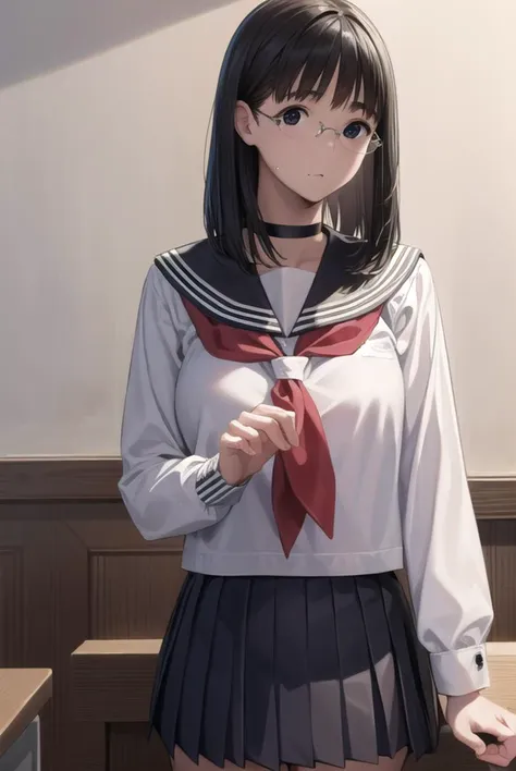 chinatsu, <lyco:chinatsu-lyco-nochekaiser:1>,
chinatsu, black hair, glasses, mole, (black eyes:1.5), mole under mouth, rimless eyewear, medium hair,
BREAK long sleeves, school uniform, serafuku, choker, black choker, skirt, pleated skirt,
BREAK indoors, classroom,
BREAK looking at viewer, (cowboy shot:1.5),
BREAK <lyco:GoodHands-beta2:1>, (masterpiece:1.2), best quality, high resolution, unity 8k wallpaper, (illustration:0.8), (beautiful detailed eyes:1.6), extremely detailed face, perfect lighting, extremely detailed CG, (perfect hands, perfect anatomy),