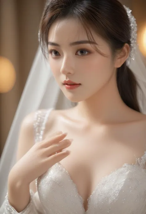 : A stunning shot of the breathtakingly beautiful Korean bride-to-be in her exquisite wedding gown, adorned with elegant earrings, a delicate necklace, and a resplendent shiny crown, set amidst the serene ambiance of the bridal waiting room. The soft lighting casts a warm glow on her porcelain complexion, highlighting her radiant smile and captivating eyes. She stands majestically, her long veil trailing behind her like a river of silk, as she awaits her special day, surrounded by anticipation and joy.