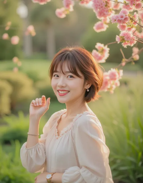 A high-quality photograph of a young woman standing in a vibrant garden, smiling brightly. She has short, wavy brown hair that catches the light, and she is wearing a light-colored, flowing dress with a subtle floral pattern. Her right hand is gently lifted to touch her hair, revealing a delicate wristwatch that adds a touch of elegance to her look. The soft lighting enhances the dreamy quality of the scene, while the sharp focus on the woman emphasizes her joyful expression and graceful pose. The overall mood is one of relaxation and happiness, with the vibrant garden and her radiant smile perfectly capturing the essence of a peaceful, carefree moment. The backdrop is filled with lush greenery and vibrant cherry bloom flowers that frame the scene beautifully, creating a romantic and serene atmosphere.