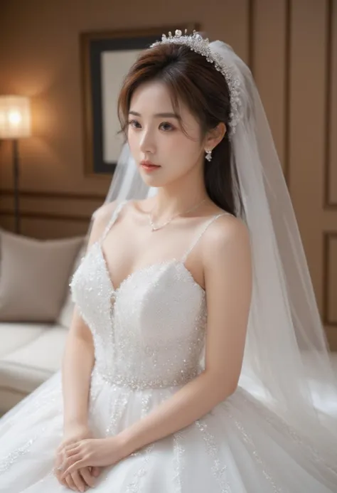 : A stunning shot of the breathtakingly beautiful Korean bride-to-be in her exquisite wedding gown, adorned with elegant earrings, a delicate necklace, and a resplendent shiny crown, set amidst the serene ambiance of the bridal waiting room. The soft lighting casts a warm glow on her porcelain complexion, highlighting her radiant smile and captivating eyes. She stands majestically, her long veil trailing behind her like a river of silk, as she awaits her special day, surrounded by anticipation and joy.