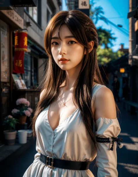 A photograph of an incredibly beautiful 18-year-old girl with long, stylish gradient brown hair, standing confidently at a street during daylight. The natural light highlights her confident posture and elegant features, contrasts beautifully with her modern, stylish appearance. The atmosphere is serene, with the warm sunlight casting soft shadows and enhancing the overall balance between youthfulness and cultural heritage in the composition. Delicate flower and plant arrangements adorn her surroundings, bathed in dynamic chiaroscuro's dramatic play of light and shadow. High-resolution details reveal perfect anatomy, drawing the viewer in with its awe-inspiring beauty. The scene is centered, radiating an atmosphere of mystery as the subject's captivating pose fills the frame. With a smooth, sharp focus, the illustration bursts forth in high definition, accent lighting casting an otherworldly glow amidst contrasting bright paint colors on concept art.