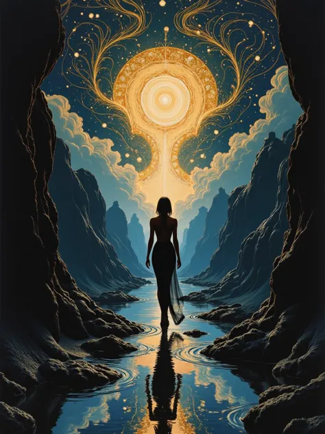 A romanticism-inspired painting in the style of Jean-Léon Gérôme and Conrad Roset, where a singularity forms into black rivers that ripple across their banks, creating a deep, evocative scene. In the center, an intelligent figure radiating passion and wisdom moves confidently through the surreal landscape. Her impressionist physique, elegantly disrupted and blended with swirls of intricate energy, deciphers what she seeks as she carries herself with poise and elegance. The surroundings are crafted from high-fiber materials, forming complex, flowing shapes that add depth and movement to the scene. The figure navigates this dynamic space filled with contrasting textures and melancholic undertones, both terrifying and captivating for the viewer. Luxurious sharp focus highlights her form with intense, dynamic cinematic colors. The use of intricate detail and best artistic techniques creates a captivating interplay of fashion and art. The scene is elegant and sophisticated, evoking the glamour of mid-20th century fashion through innovative use of light and shadow. Art Nouveau-inspired decorative motifs flow through the background, filled with allegorical and symbolic elements that tell a deeper story