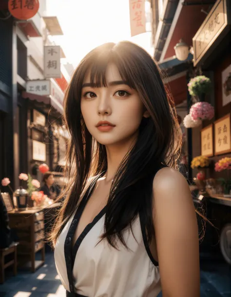 A photograph of an incredibly beautiful 18-year-old girl with long, stylish gradient brown hair, standing confidently at a street during daylight. The natural light highlights her confident posture and elegant features, contrasts beautifully with her modern, stylish appearance. The atmosphere is serene, with the warm sunlight casting soft shadows and enhancing the overall balance between youthfulness and cultural heritage in the composition. Delicate flower and plant arrangements adorn her surroundings, bathed in dynamic chiaroscuro's dramatic play of light and shadow. High-resolution details reveal perfect anatomy, drawing the viewer in with its awe-inspiring beauty. The scene is centered, radiating an atmosphere of mystery as the subject's captivating pose fills the frame. With a smooth, sharp focus, the illustration bursts forth in high definition, accent lighting casting an otherworldly glow amidst contrasting bright paint colors on concept art.