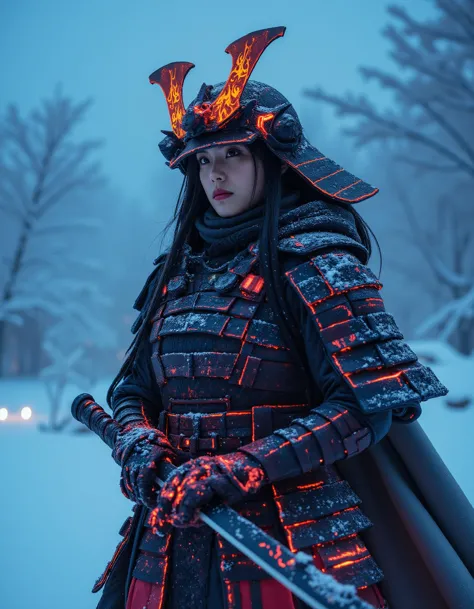 Snowy Battlefield Neon: A cyberpunk-infused scene set against a frozen terrain. A striking Japanese female warrior stands proudly, flowing hair cascading like liquid darkness down her back. Wearing samurai armor and helmet adorned with neon accents in fiery red and electric blue, she grasps a katana with both hands, its blade reflecting the cold winter light. Neon hues of crimson and indigo bleed into the snowy landscape, casting an otherworldly glow on the warrior's determined face as she stands resolute against the dark, wintry backdrop.