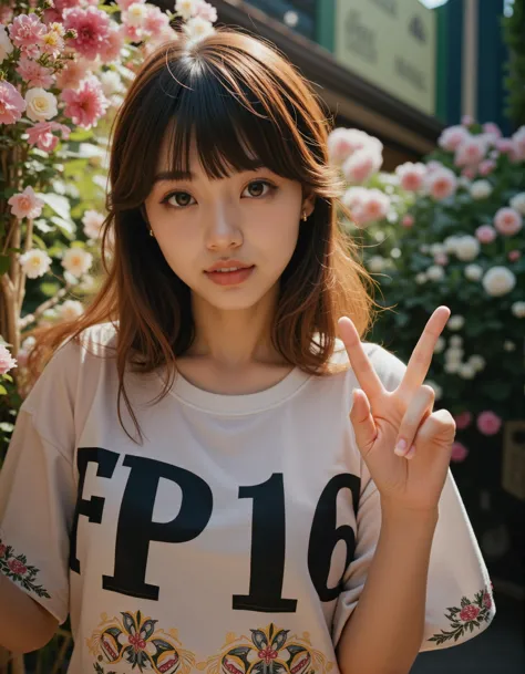 A photograph of an incredibly beautiful 18-year-old girl with long, stylish gradient brown hair, standing confidently at a street during daylight. She is wearing a shirt with "FP16" boldly painted in large, readable lettering, making the message stand out clearly. Her hand with v symbol posing to viewer. The natural light highlights her confident posture and elegant features, contrasts beautifully with her modern, stylish appearance. The atmosphere is serene, with the warm sunlight casting soft shadows and enhancing the overall balance between youthfulness and cultural heritage in the composition. Delicate flower and plant arrangements adorn her surroundings, bathed in dynamic chiaroscuro's dramatic play of light and shadow. High-resolution details reveal perfect anatomy, drawing the viewer in with its awe-inspiring beauty. The scene is centered, radiating an atmosphere of mystery as the subject's captivating pose fills the frame. With a smooth, sharp focus, the illustration bursts forth in high definition, accent lighting casting an otherworldly glow amidst contrasting bright paint colors on concept art.