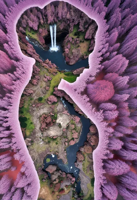 zavy-rlvw, woman face and breast silhouette that is actually Aerial view of beautiful landscape and waterfalls, surounded by a forest with pink and violet leaves and red waterways <lora:FLUX\zavy-rlvw_zavy-areal-view>