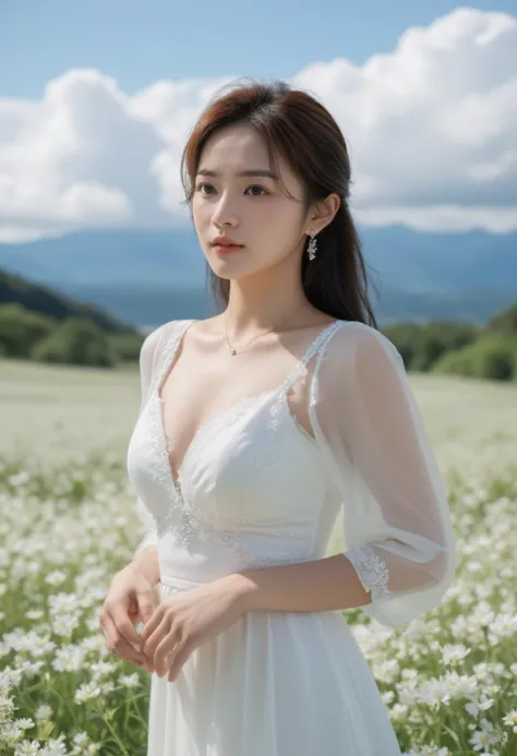 A young Korean girl stands tall in a lush flower field, her white dress fluttering in the gentle breeze. Clouds and mountains loom in the distance, a breathtaking backdrop for this stunning portrait. The dynamic angle captures the subject's confident pose, with her long fingers grasping a delicate necklace adorned with sparkling earrings. Her glowing skin is illuminated by lights, accentuating the subtle curve of her light smile. Every detail shines in photorealistic clarity, making this official art worthy of being a Unity 8K wallpaper.
