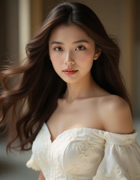 best quality, masterpiece, raw photo of a girl in white off-shoulder Rococo which often for ornate details, 19th-century elegance, flowing long brown hair cascading over her shoulders, shy face, (looking at camera), eye level, cleavage, simple background, middle distance shot taken by long range lens, far side key light, professional cinematic, soft shadow, soft bokeh, professional photography, balanced contract, balanced exposure,