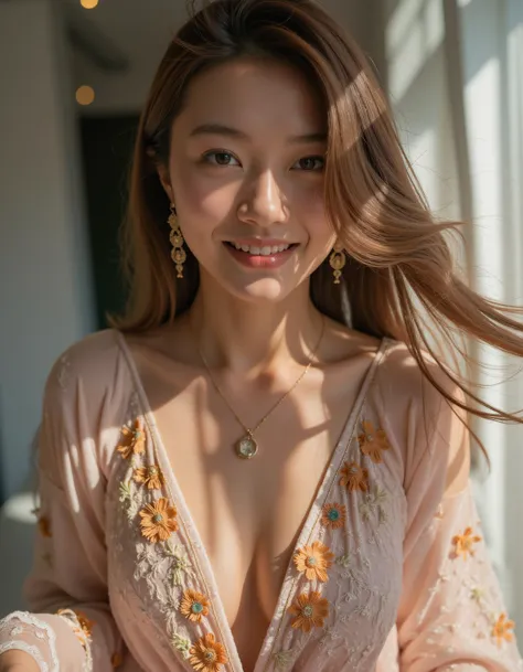 A best quality, masterpiece raw photo of a young woman dressed in a long floral lace robe with ornate details, complemented by gold jewelry that adds a touch of elegance. Her flowing long brown hair cascades over her shoulders, creating a beautiful frame around her face. The shot is taken from a middle distance using a long-range lens, allowing for a detailed and intimate capture of the moment. The lighting is low key, with soft shadows that add depth and warmth to the scene, while a soft bokeh effect gently blurs the background. The balanced contrast and exposure highlight the intricate details of her robe and jewelry, while maintaining a natural, realistic look. The setting is a well-lit room bathed in daylight, creating a playful and lively atmosphere. The girl exudes a sense of fun and spontaneity, her playful theme evident in her relaxed and carefree pose, making the overall composition feel vibrant and full of life