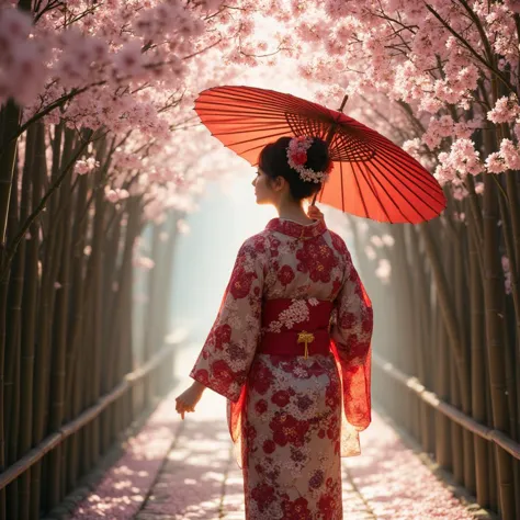 Visualize a beautiful and elegant Japanese woman gracefully walking through a stunning cherry blossom tunnel nestled within a serene bamboo grove. She is dressed in a vibrant, intricately patterned kimono adorned with floral motifs that complement the delicate pink petals surrounding her. In her hand, she holds a striking red Chinese oiled umbrella, which contrasts beautifully with the soft hues of the blossoms. Sunlight filters through the cherry blossoms, casting a gentle glow on the scene, creating a tranquil and enchanting atmosphere. 12K ultra-detailed 3D rendering, crystal clear, capturing the intricate details of the kimono, the delicate blossoms, and the graceful movement of the woman.