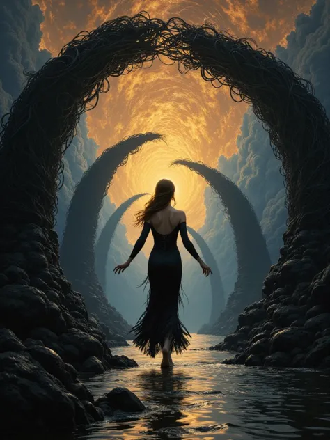 A romanticism-inspired painting in the style of Jean-Léon Gérôme and Conrad Roset, where a singularity forms into black rivers that ripple across their banks, creating a deep, evocative scene. In the center, an intelligent figure radiating passion and wisdom moves confidently through the surreal landscape. Her impressionist physique, elegantly disrupted and blended with swirls of intricate energy, deciphers what she seeks as she carries herself with poise and elegance. The surroundings are crafted from high-fiber materials, forming complex, flowing shapes that add depth and movement to the scene. The figure navigates this dynamic space filled with contrasting textures and melancholic undertones, both terrifying and captivating for the viewer. Luxurious sharp focus highlights her form with intense, dynamic cinematic colors. The use of intricate detail and best artistic techniques creates a captivating interplay of fashion and art. The scene is elegant and sophisticated, evoking the glamour of mid-20th century fashion through innovative use of light and shadow. Art Nouveau-inspired decorative motifs flow through the background, filled with allegorical and symbolic elements that tell a deeper story