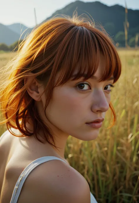 cinematic film still, close up, photo of redheaded 20 year old girl near grasses, fictional landscapes, (intense sunlight:1.4), realist detail, brooding mood, bare back, detailed character expressions, light amber and red, amazing quality, wallpaper, analog film grain, glancing back, 360 lens