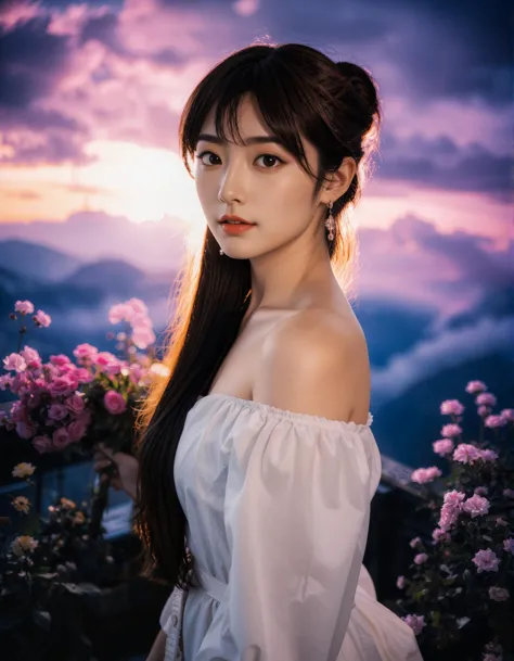 Best quality, masterpiece, photo by fuji-proplus-ii film, half-length portrait, close-up, raw photo of 20 years old woman in white off-shoulder, waist up, long hair, looking at viewer, deep cloudy sky, outdoor, high key light, soft shadow, dark theme, (film grain, film filter:1.3), high angle/from above, A gorgeous woman with shoulder-length maroon hair and stylish bangs. The lighting is a combination of gel lights that cast a mystical, colorful glow over the scene, reminiscent of a Kodak Portra 400 film's vibrant and rich tones. The intricate details of her outfit and the mesmerizing environment around her are captured with a mastery that blurs the line between reality and fantasy, creating a masterpiece that feels both otherworldly and grounded in raw beauty The natural light highlights her confident posture and elegant features, contrasts beautifully with her modern, stylish appearance. The atmosphere is serene, with the warm sunlight casting soft shadows and enhancing the overall balance between youthfulness and cultural heritage in the composition. Delicate flower and plant arrangements adorn her surroundings, bathed in dynamic chiaroscuro's dramatic play of light and shadow. High-resolution details reveal perfect anatomy, drawing the viewer in with its awe-inspiring beauty. The scene is centered, radiating an atmosphere of mystery as the subject's captivating pose fills the frame. With a smooth, sharp focus, the illustration bursts forth in high definition, accent lighting casting an otherworldly glow amidst contrasting bright paint colors on concept art.