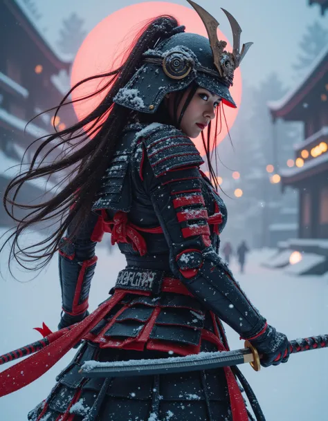 cyberpunk style, a stunning japanese female warrior, long flowing hair, wearing samurai armour and helmet, holding a katana with both hands on a snowy battlefield, theme in neon, red and black colour, high quality, highly detailed
