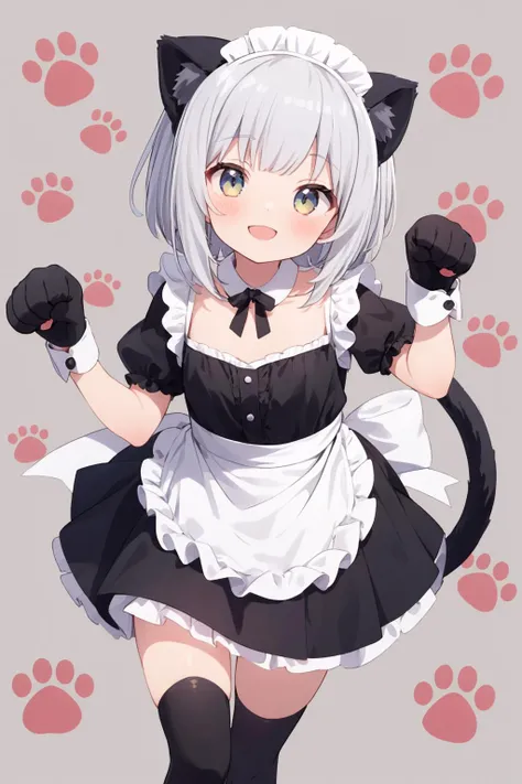 1girl, solo, multiple colored hairs, maid, black cat tail, smile, black thighhigh, leaning forward, leg up outside, charm posing, paw, paw stamps, paw stamps, paw stamps background