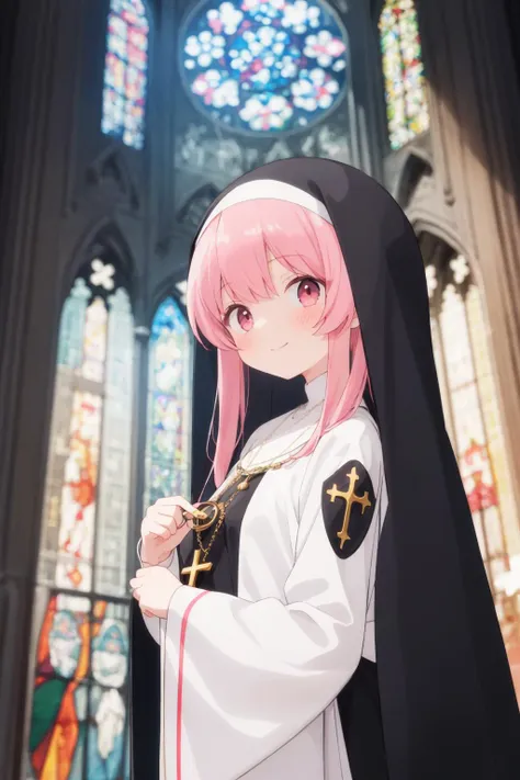 1girl, nun cloak, holding small sacred cross amulet, noble pink hair, beautiful detailed ash pink eyes, holy cathedral, beautiful stained glass behind, solemn atmosphere, flat breast, gentle smile