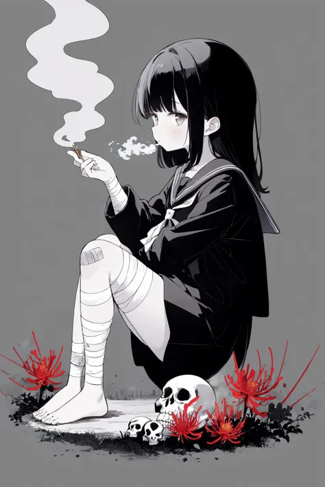 1girl, solo, levitation, serafuku, black longhair, lycoris, tattoo, (red, black), spider lily garden, barefoot, ennui, holding knees, incense, bandage, full body, exhale smoke, monochrome, melancholic, facing away, looking at viewer, skulls, from side, black background