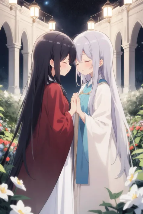 2girls, sacred cloak, kneeing, back-to-back each other, contrasting prayer, praying, facing up, sanctuary garden background, sacred precincts background, closed eyes, closed mouth, serious face, yuri, dear, platonic, promise, deep bond, fantastic night, ether lights, magical particles, meteor shower