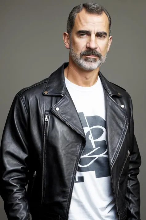 <lora:Felipe_VI_Lora-08:0.8>, felipe vi, gray hair, wearing tshirt and biker leather jacket, portrait