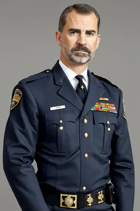 <lora:Felipe_VI_Lora-08:0.8>, felipe vi, gray hair, wearing police uniform