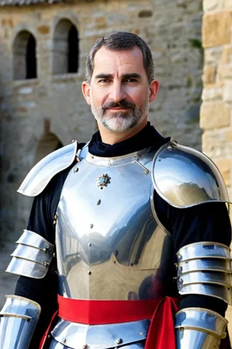 <lora:Felipe_VI_Lora-08:0.8>, felipe vi as a knight wearing full metal armor, medieval village background, portrait
