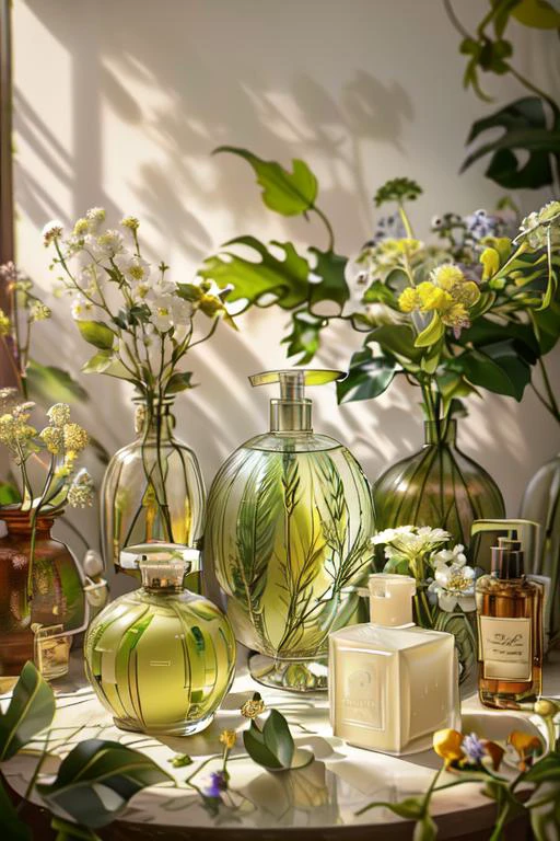 (otherworldly, otherworldly atmosphere, otherworldly appearance), highly insanely detailed, masterpiece, top quality, best quality, highres, 4k, 8k, RAW photo,
(product photography, a table with a vase and bottles of soap and a plant on it with leaves and flowers in it:1.4), <lora:室å
ä¸è§:0.85>, (fantasy world)