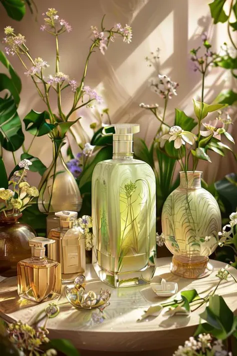 (otherworldly, otherworldly atmosphere, otherworldly appearance), highly insanely detailed, masterpiece, top quality, best quality, highres, 4k, 8k, RAW photo, 
(product photography, a table with a vase and bottles of soap and a plant on it with leaves and flowers in it:1.4), <lora:å®¤åä¸è§:0.85>, (fantasy world)