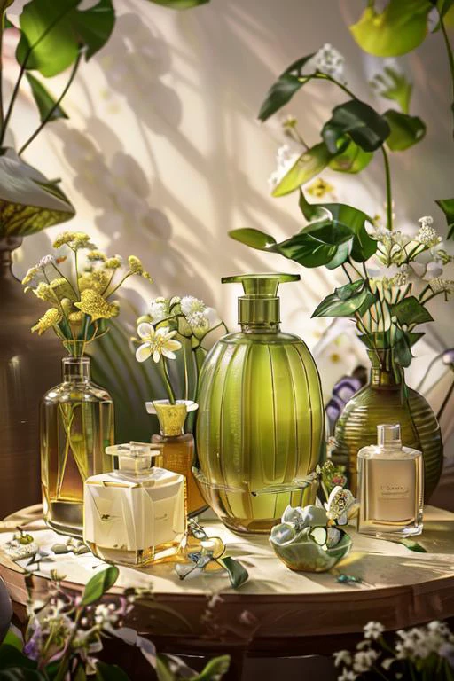 (otherworldly, otherworldly atmosphere, otherworldly appearance), highly insanely detailed, masterpiece, top quality, best quality, highres, 4k, 8k, RAW photo,
(product photography, a table with a vase and bottles of soap and a plant on it with leaves and flowers in it:1.4), <lora:室å
ä¸è§:0.85>, (fantasy world)