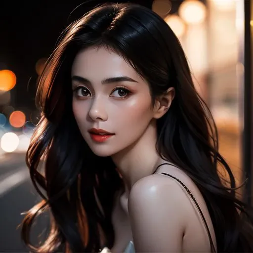 (((desi girl))),slim face,almond eyes natural skin, wearing hot deep neck top and dupatta, charming black hair, , city streets background, bokeh