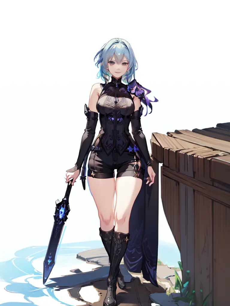 <lora:Eula Lawrence:1>, a character portrait, woman, short multi-color hair, multi-color eyes, multi-color tank top, black shorts, long boots, detailed eyes, hyper detailed, smirk, beautiful, small details, ultra detailed, best quality, intricate, sharp, 8k, good anatomy, beautiful lighting, realistic shadows, raytracing, rule of thirds, masterpiece, (illustration:1.1), highres, beautiful face, highly detailed face, extremely detailed, colorful, vibrant colors, ((1woman with light blue hair and long black boots)), ((solo))
