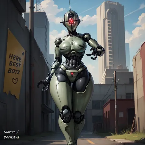 (solo:1.2), <lora:assaultron:0.75> assaultron, female humanoid robot look on viewer, 3 finger hand,robot hands, heeled boots, robot joints,robot head, small hips, street background,large breasts, covered breasts,high rating, high quality, glowing eye,( front view:1.1), <lora:cutesexyrobutts_v2:0.1> cutesexy, semi-realistic, <lora:hyperfusion_550k_128dim-LoCon_extracted-v7:0.15>, metallic body, shiny body, narrow waist, yellow torn poster, factory on background, city