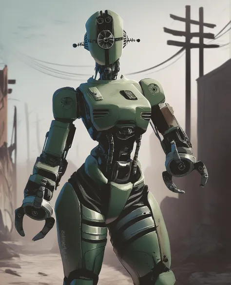 score_9, score_8_up, score_7_up, score_6_up, score_5_up, source_furry, assaultron, fallout, 1girl, solo, breasts, looking at viewer, robot, humanoid robot, robot joints, one-eyed, joints, no humans, green skin, mechanical arms, crotch plate, science fiction, post-apocalypse, outside, green armor, robotic hand, 3 fingers
<lora:assaultron_pdxl_:1>