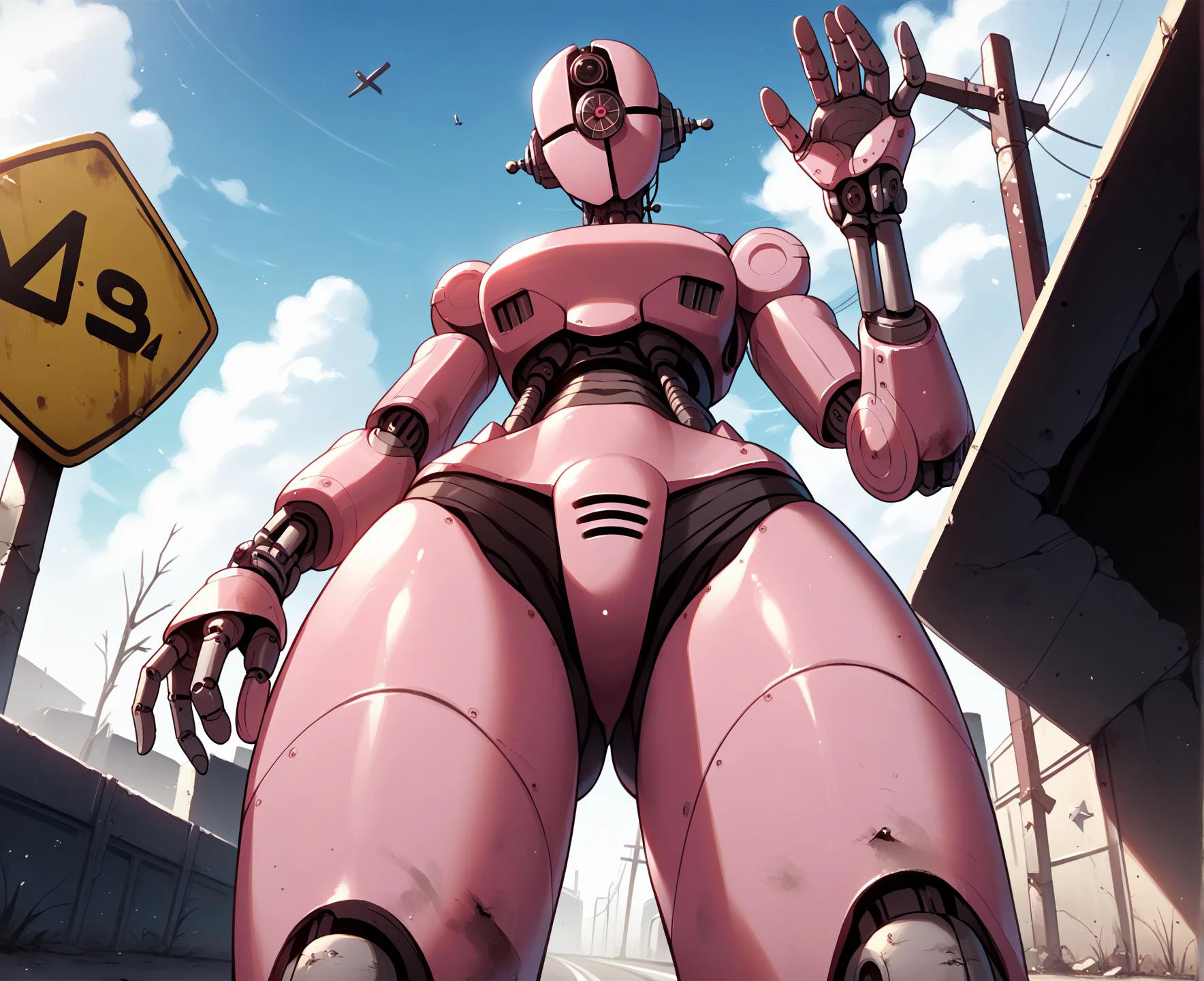 score_9, score_8_up, score_7_up, score_6_up, score_5_up, score_4_up, kishibe, assaultron, fallout, 1girl, solo, breasts, looking at viewer, robot, humanoid robot, robot joints, joints, mechanical arms, crotch plate, science fiction, detailed background, skimpy armor, breastplate, chestplate, (pink armor, pink body:1.2), cute expression, looking at viewer, outside, presenting, pose, butt, outside, road, road sign, post-apocalyptic, ruins, from below, low-angle view
<lora:assaultron_pdxl_:0.8> <lora:Kishibev2:1>