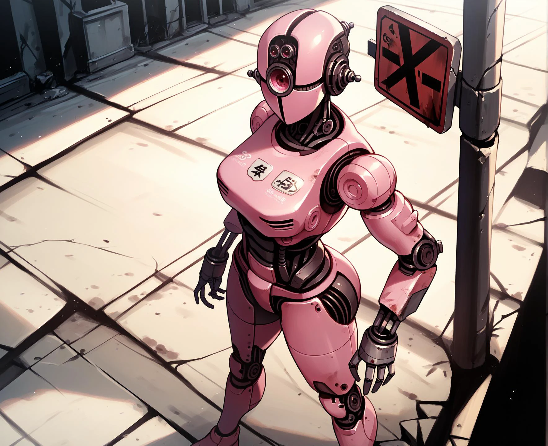 score_9, score_8_up, score_7_up, score_6_up, score_5_up, score_4_up, kishibe, assaultron, fallout, 1girl, solo, breasts, looking at viewer, robot, humanoid robot, robot joints, joints, mechanical arms, crotch plate, science fiction, detailed background, skimpy armor, breastplate, chestplate, (pink armor, pink body:1.2), cute expression, looking at viewer, outside, presenting, pose, butt, outside, road, road sign, post-apocalyptic, ruins, bird's-eye view
<lora:assaultron_pdxl_:0.8> <lora:Kishibev2:1>