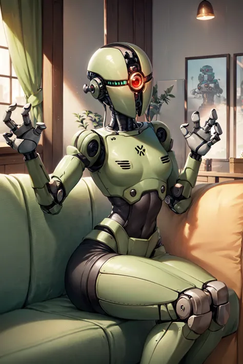 assaultron, 1girl, solo, breasts, robot, humanoid robot, robot joints, one-eyed, joints, no humans, (green skin, green armor), mechanical arms, science fiction, fewer digits, inside, couch, living room, petite, flat chest