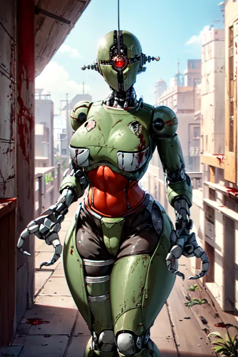 assaultron, itrobo2022, 1girl, solo, breasts, looking at viewer, robot, humanoid robot, robot joints, one-eyed, joints, no humans, green skin, wide hips, curvy, mechanical arms, crotch plate, leaning, counter, leaning on table, from behind, presenting,