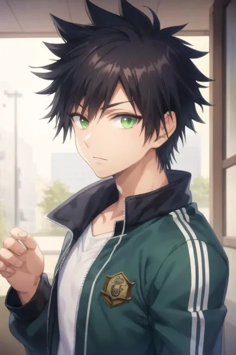 masterpiece, best quality, high quality, 1boy, solo, male focus, looking at viewer, upper body, <lora:tatsuya_bungo:0.52>, tatsuya_bungo, black hair, green eyes, spiked hair, , jacket