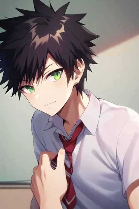 masterpiece, best quality, high quality, 1boy, solo, male focus, looking at viewer, upper body, <lora:tatsuya_bungo:0.62>, tatsuya_bungo, black hair, green eyes, spiked hair, , school uniform
